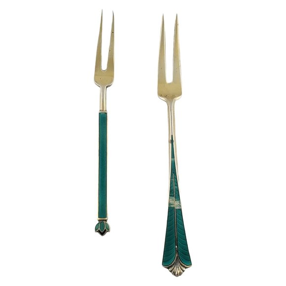 David Andersen Norway Silver Green Enamel 2 Tine Gold Washed Forks #7373 - Picture 1 of 11